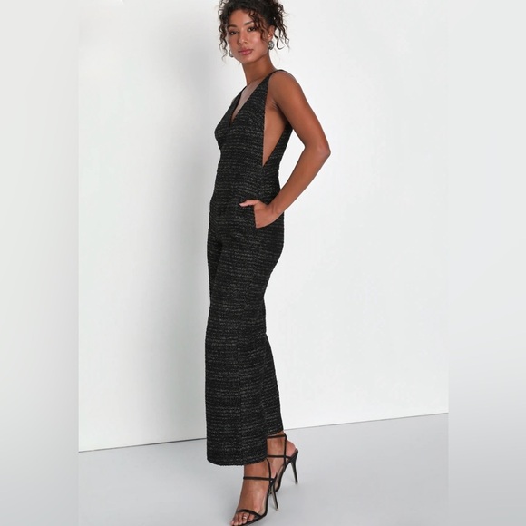 NWT Lulus Officially Exceptional Black Tweed Lurex Wide-Leg Jumpsuit S - Picture 3 of 9
